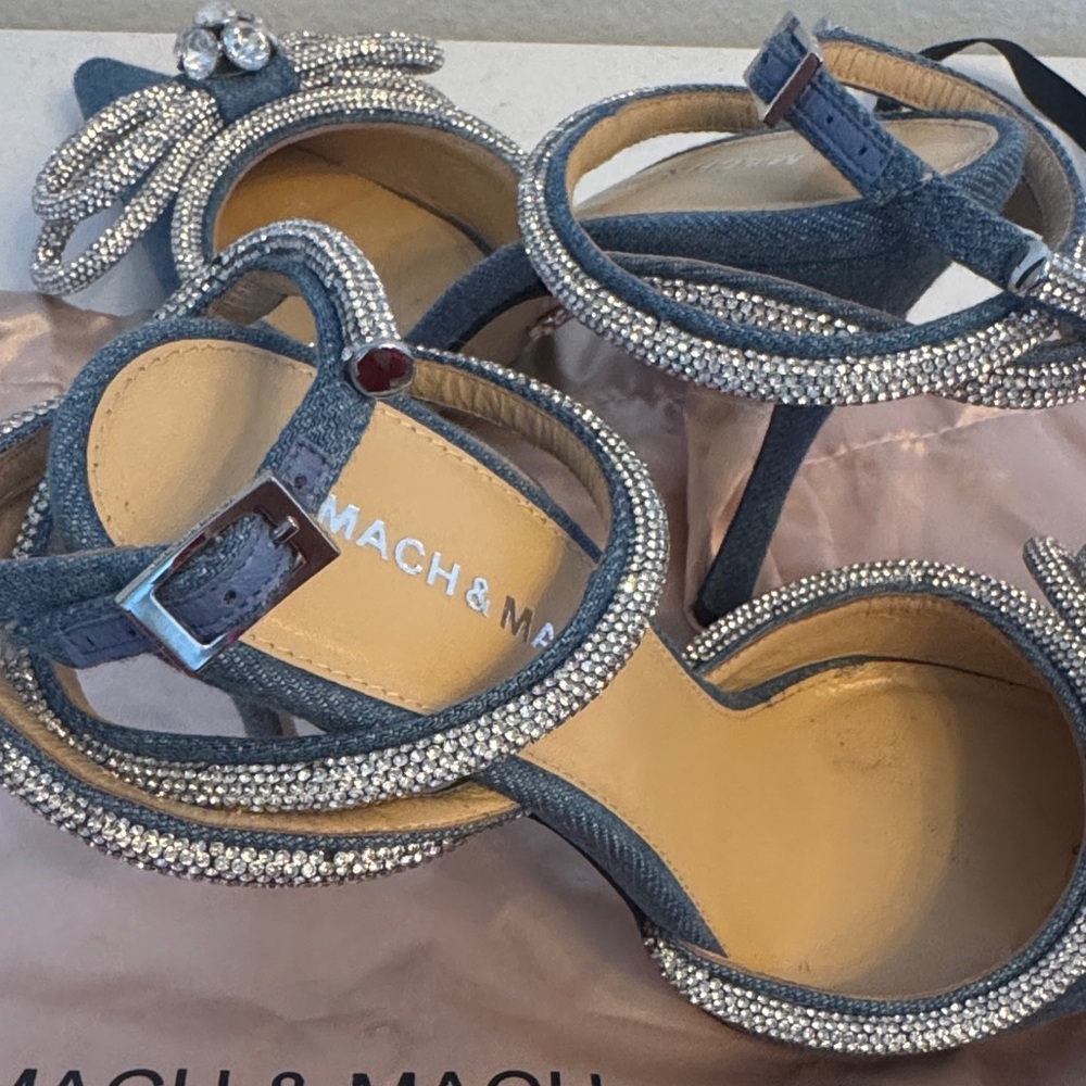 MACH & MACH Denim and Silver Bow Heels - Picture 4 of 9